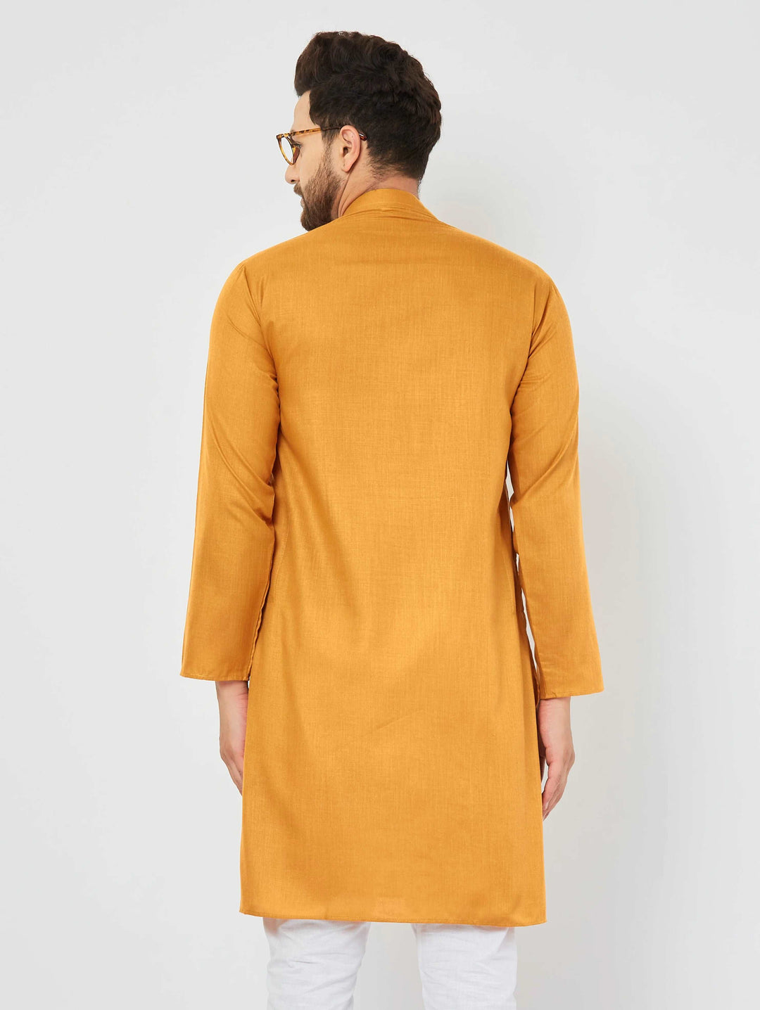 Men's Mustard Color Band Collar Long Sleeve Straight Pocket Cotton Kurta