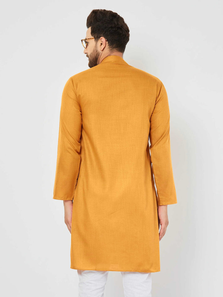 Men's Mustard Color Band Collar Long Sleeve Straight Pocket Cotton Kurta