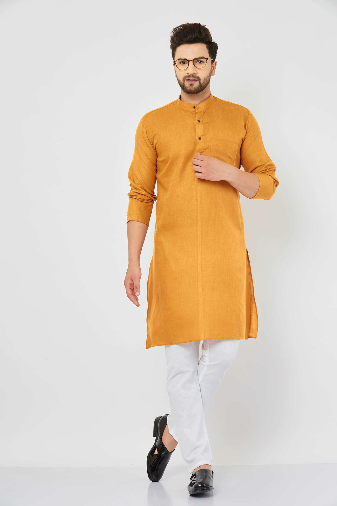 Men's Mustard Color Band Collar Long Sleeve Straight Pocket Cotton Kurta