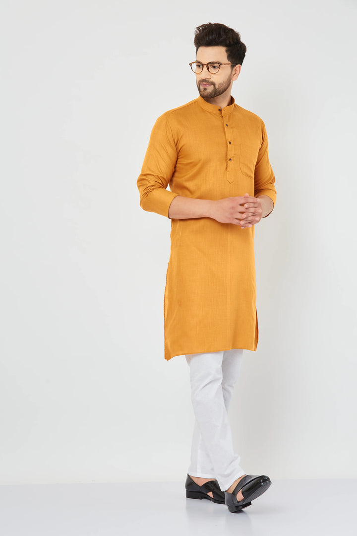 Men's Mustard Color Band Collar Long Sleeve Straight Pocket Cotton Kurta