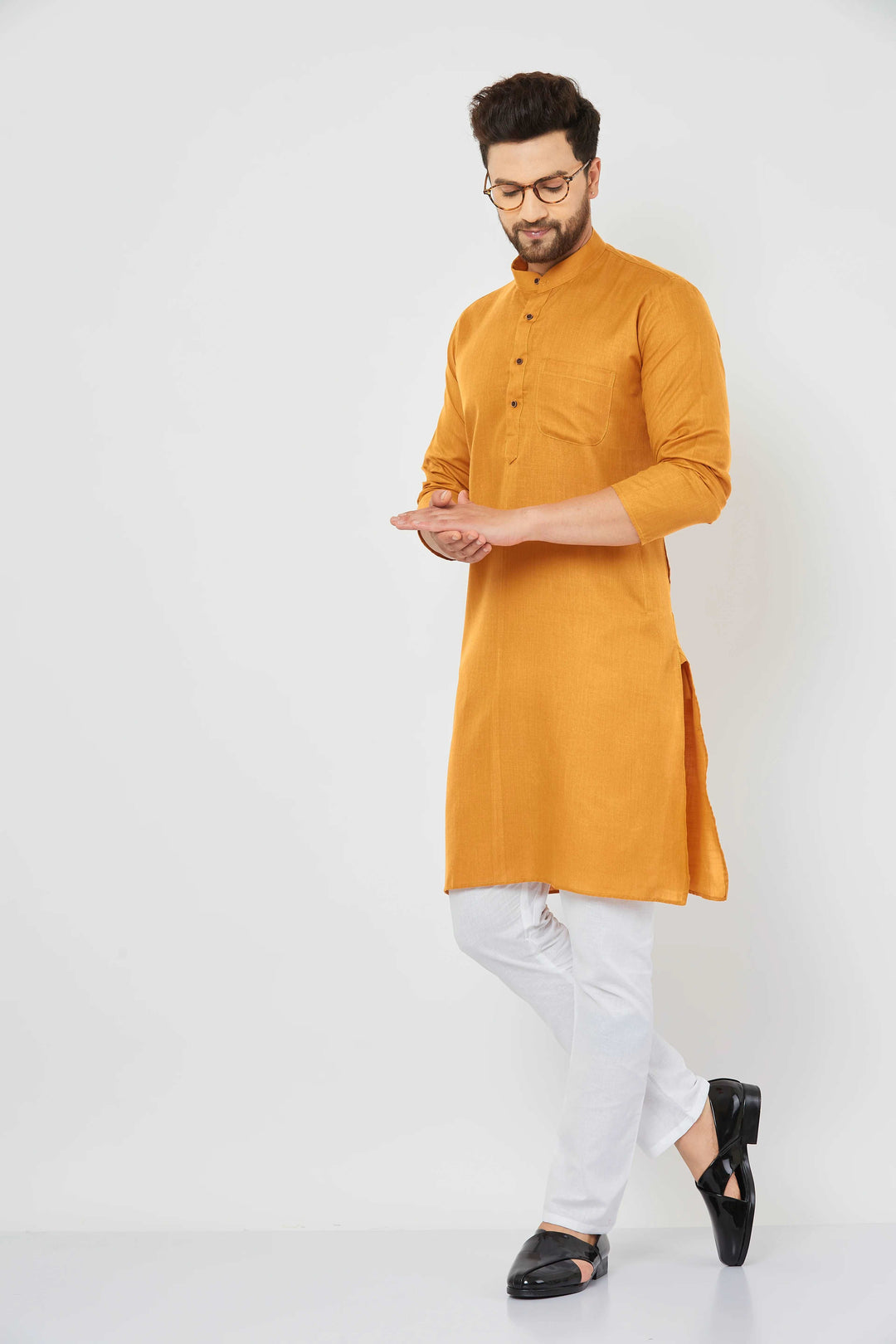 Men's Mustard Color Band Collar Long Sleeve Straight Pocket Cotton Kurta