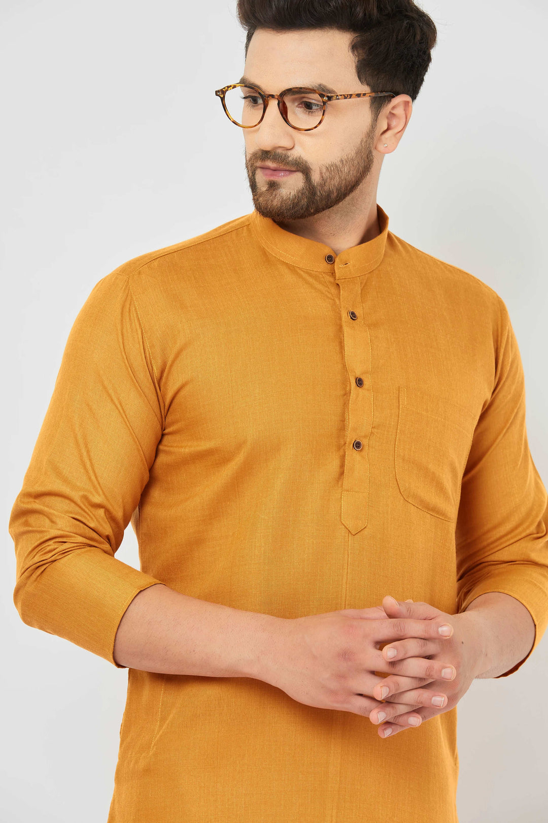 Men's Mustard Color Band Collar Long Sleeve Straight Pocket Cotton Kurta