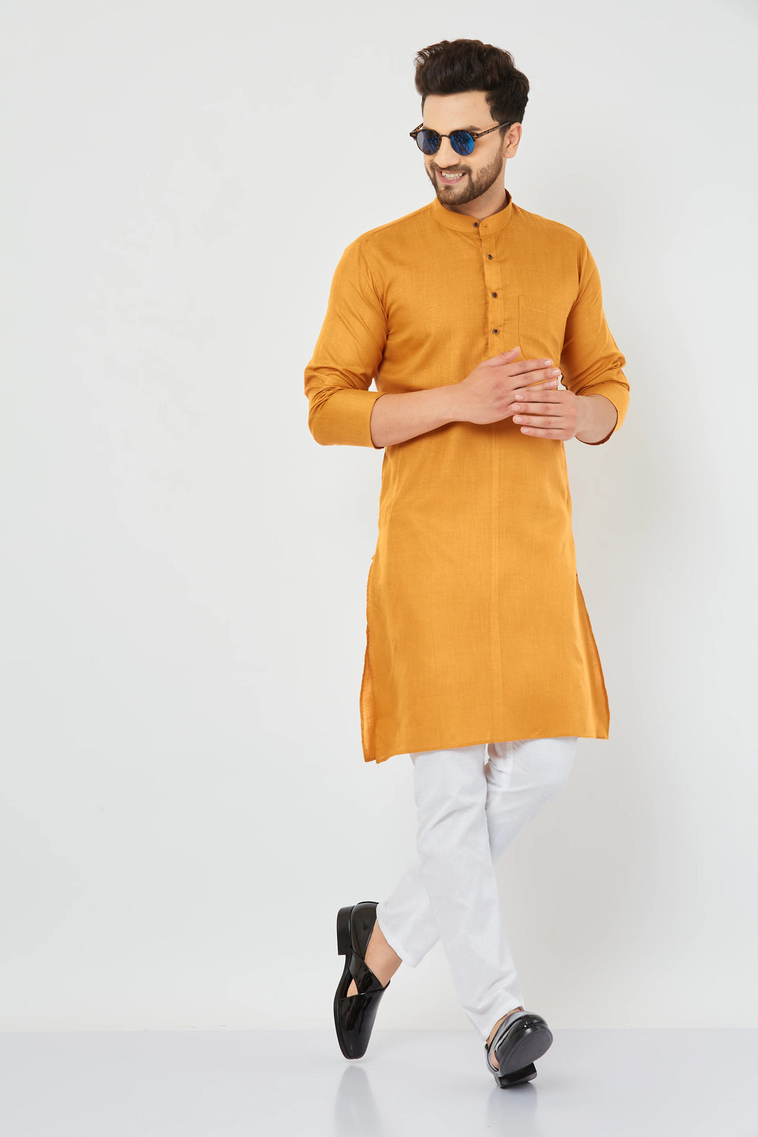 Men's Mustard Color Band Collar Long Sleeve Straight Pocket Cotton Kurta