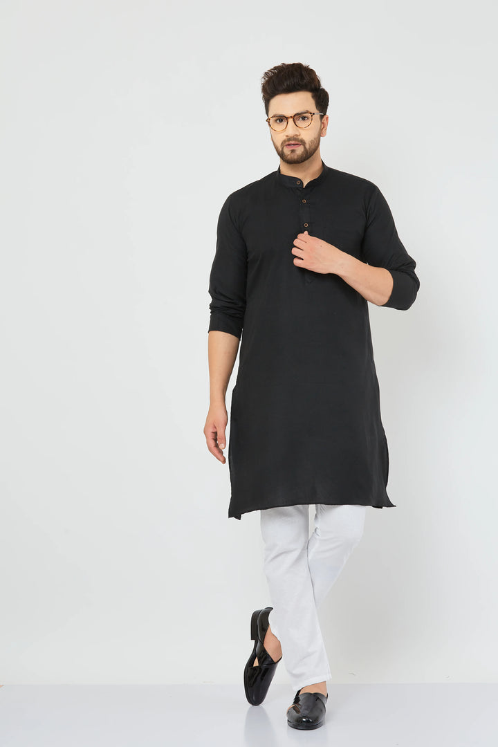 Men's Black Solid Cotton Bland Kurta