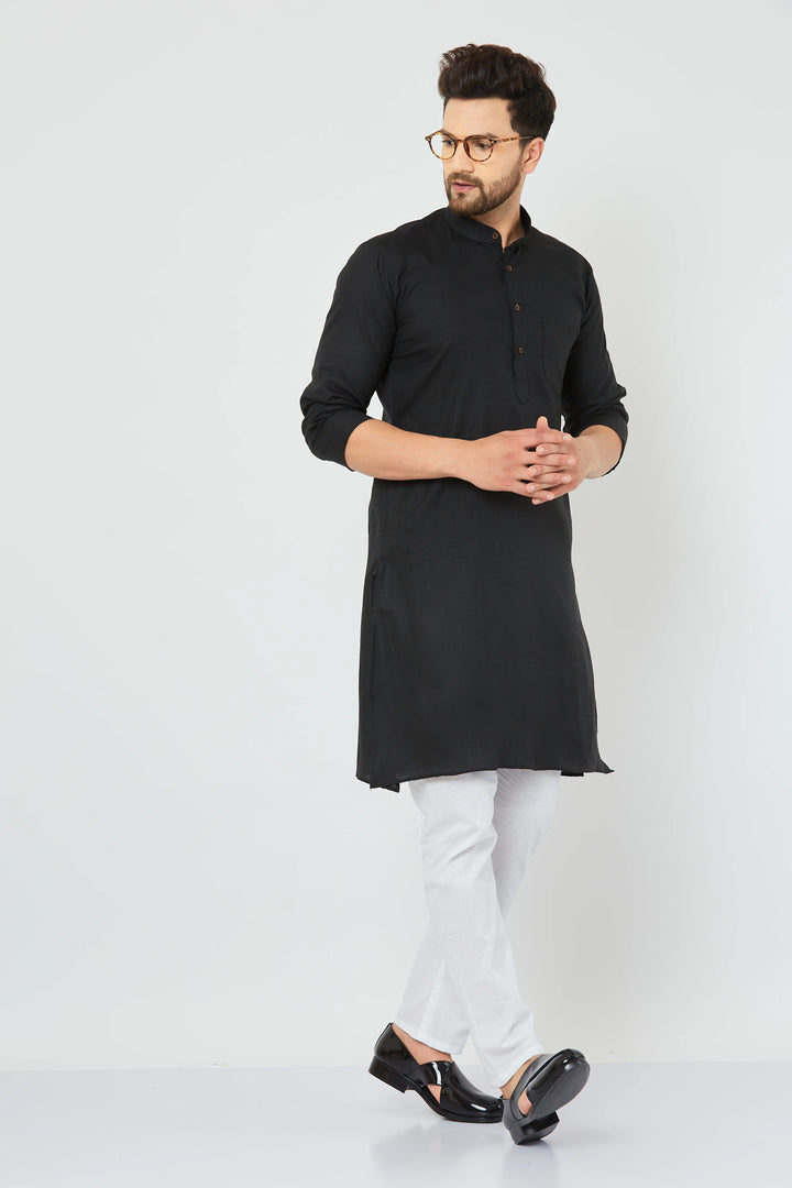 Men's Black Solid Cotton Bland Kurta