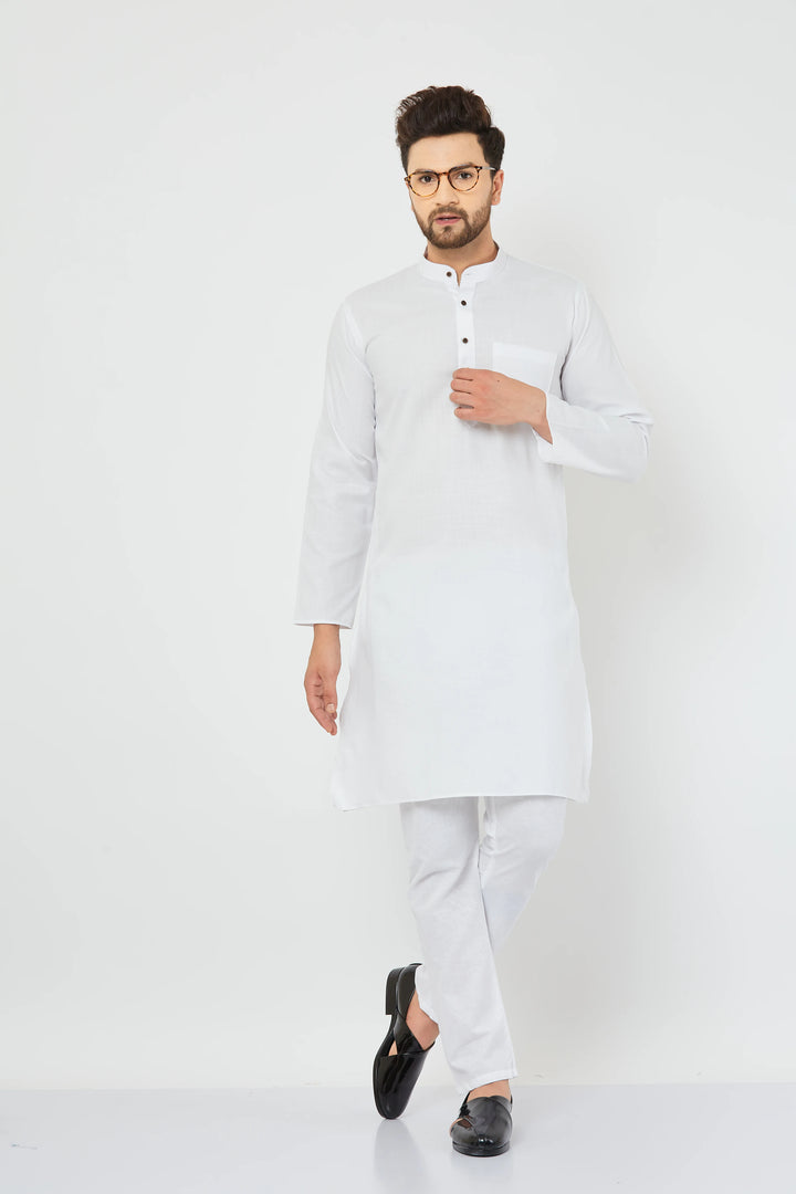 Men's White Cotton Solid Bland Kurta