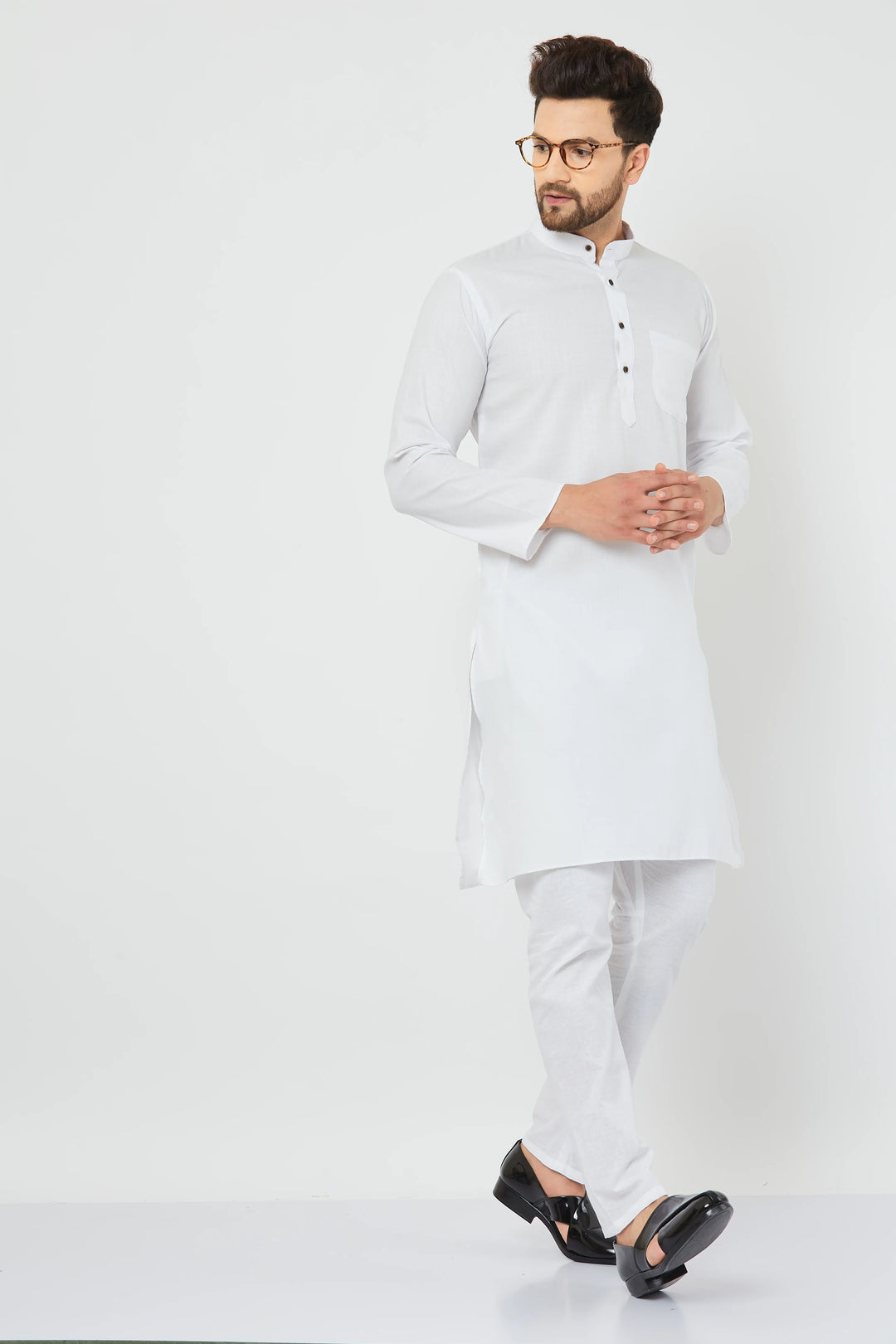 Men's White Cotton Solid Bland Kurta