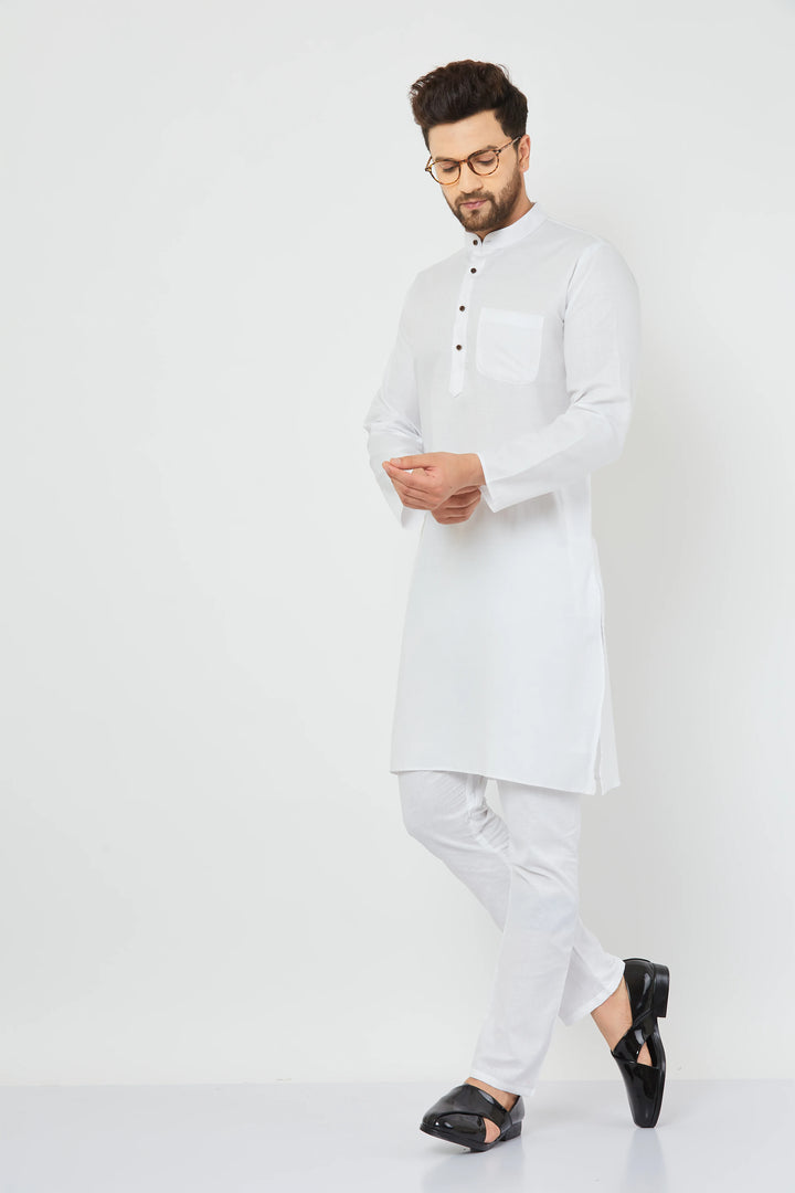 Men's White Cotton Solid Bland Kurta