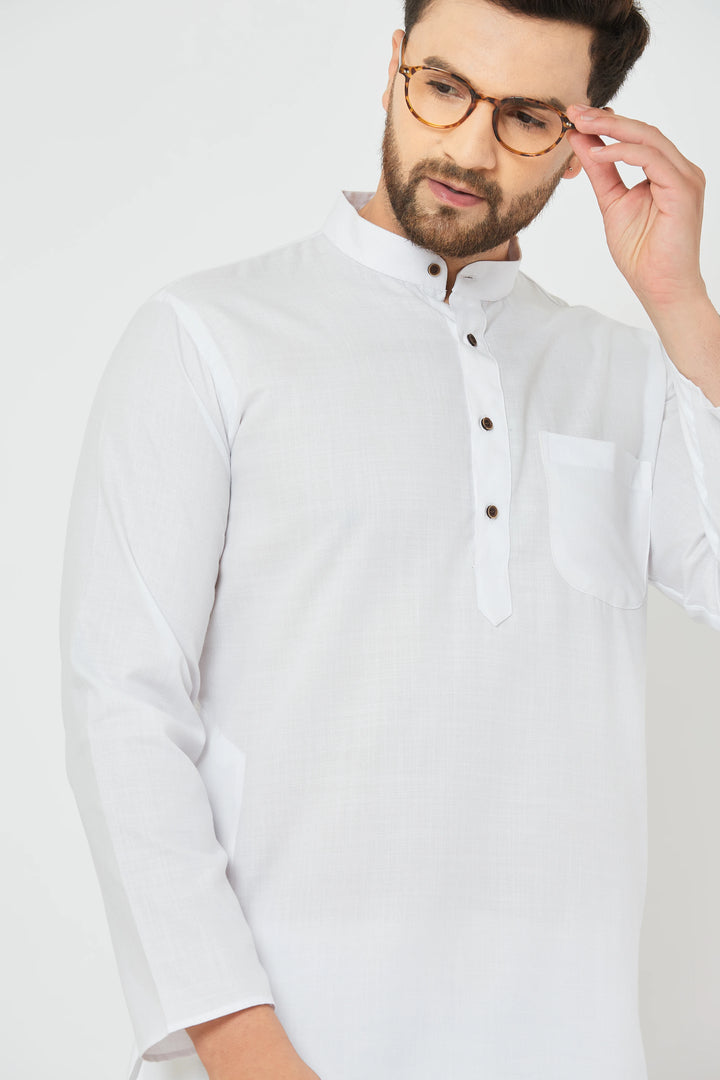 Men's White Cotton Solid Bland Kurta