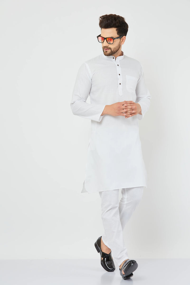 Men's White Cotton Solid Bland Kurta