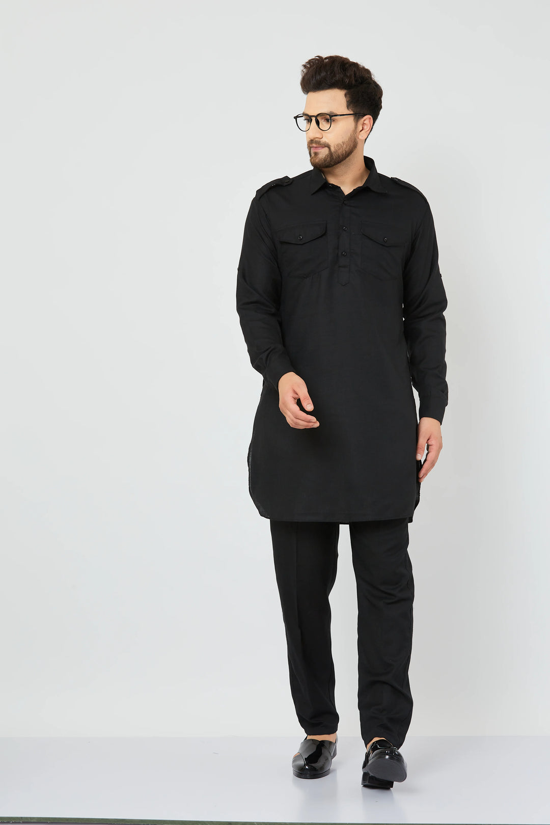 Men's Black Solid Linen Pathani Kurta with Pant Set.