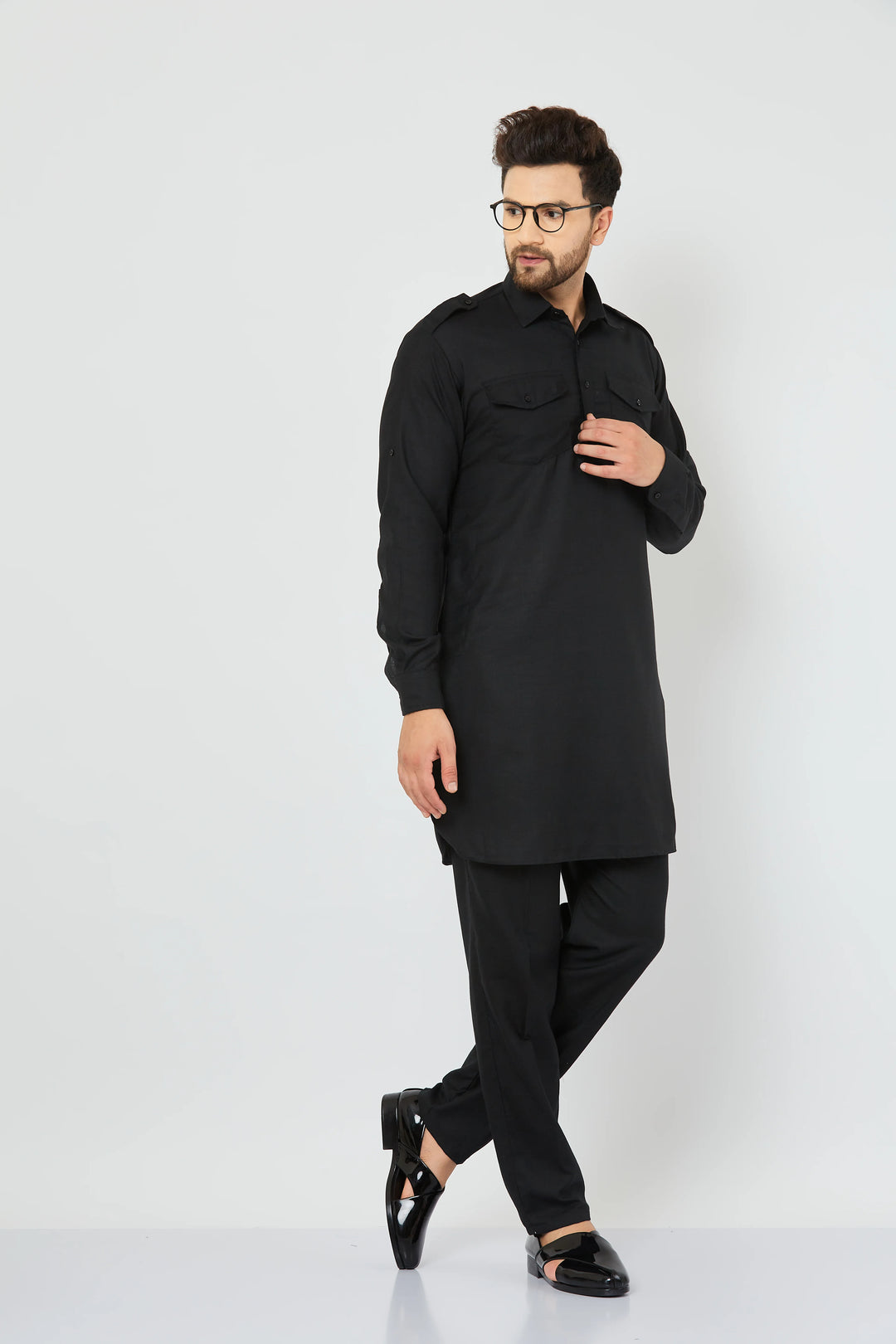 Men's Black Solid Linen Pathani Kurta with Pant Set.