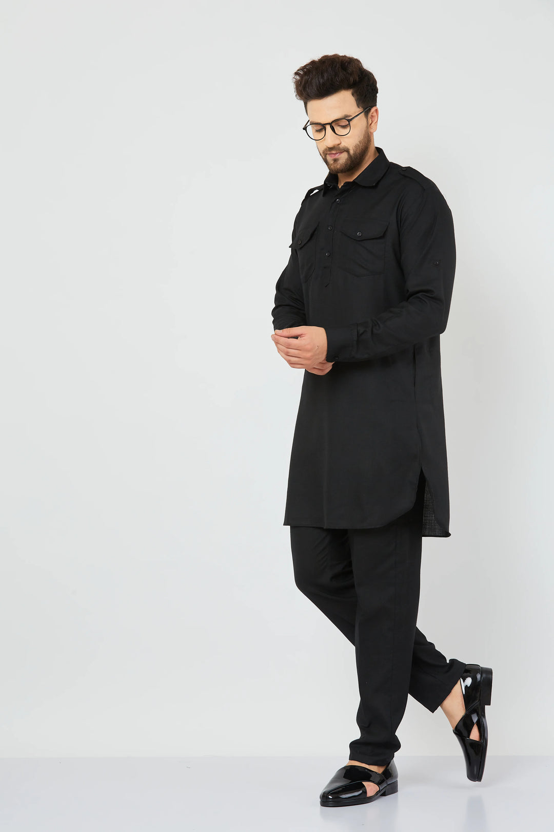 Men's Black Solid Linen Pathani Kurta with Pant Set.