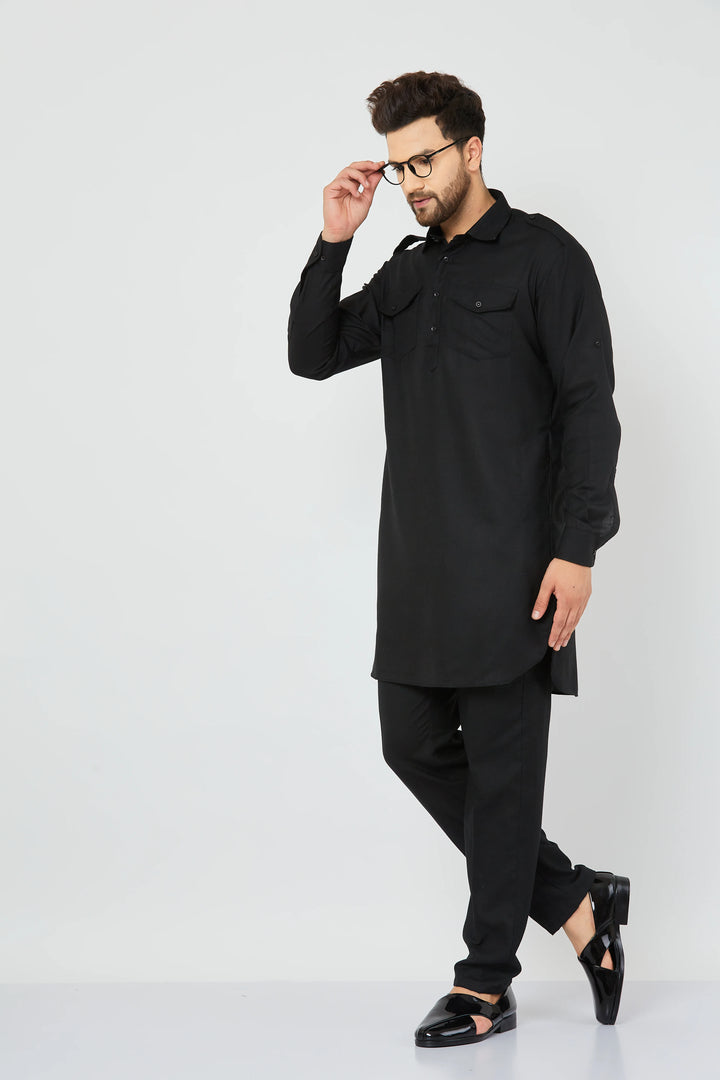 Men's Black Solid Linen Pathani Kurta with Pant Set.