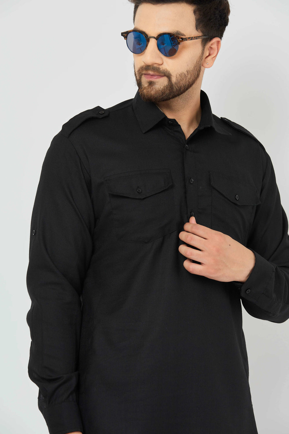 Men's Black Solid Linen Pathani Kurta with Pant Set.