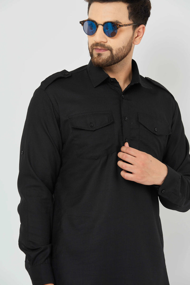 Men's Black Solid Linen Pathani Kurta with Pant Set.