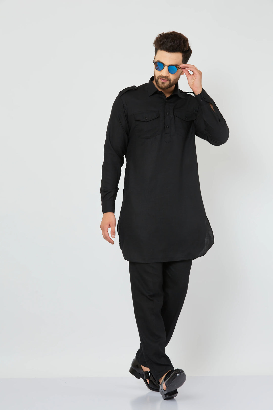 Men's Black Solid Linen Pathani Kurta with Pant Set.