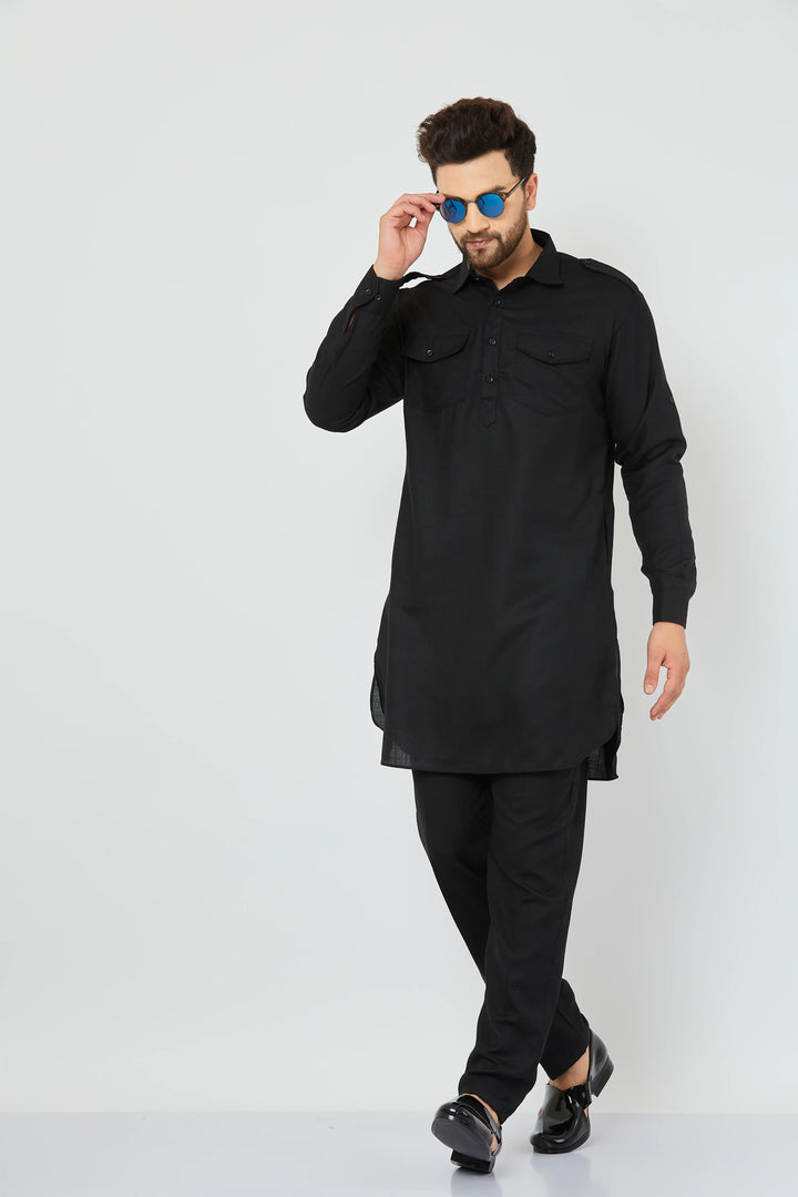 Men's Black Solid Linen Pathani Kurta with Pant Set.