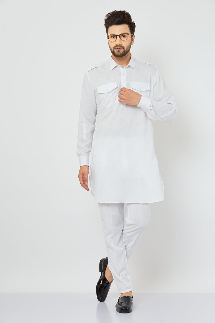 Men's White Solid Linen Pathani Kurta with Pant Set.