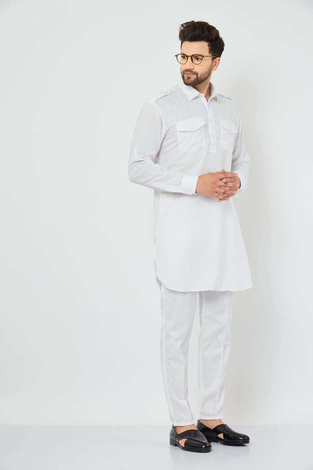 Men's White Solid Linen Pathani Kurta with Pant Set.