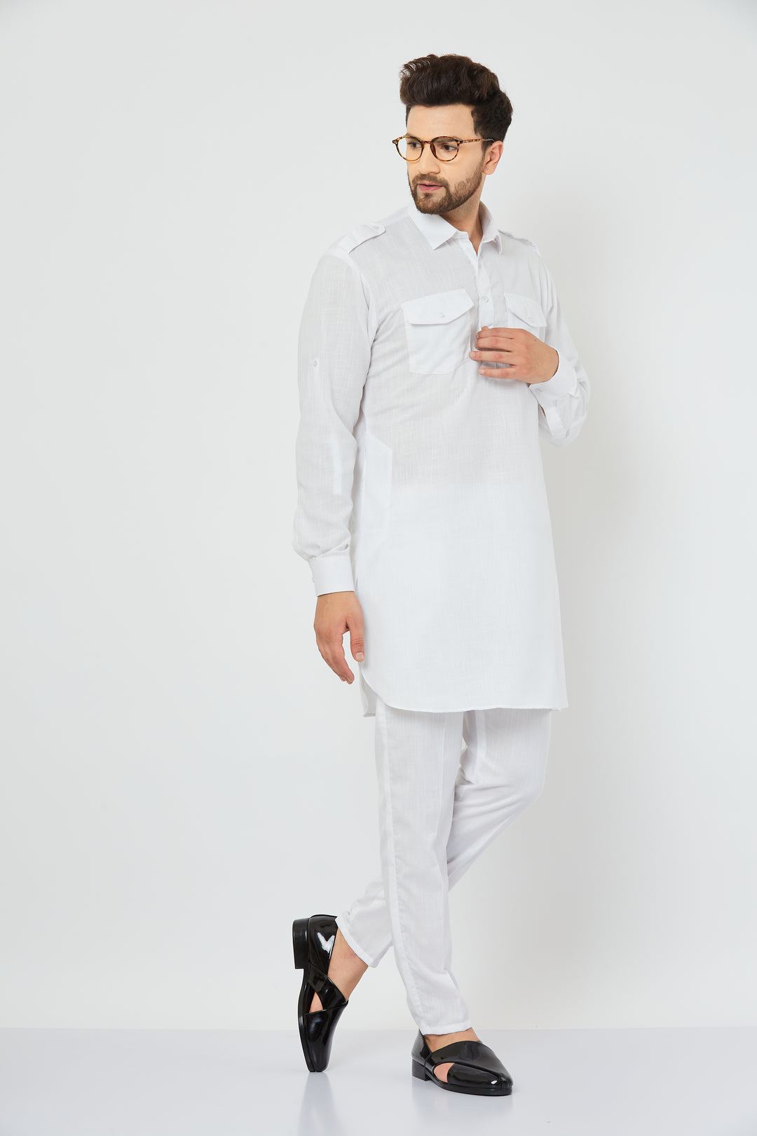 Men's White Solid Linen Pathani Kurta with Pant Set.