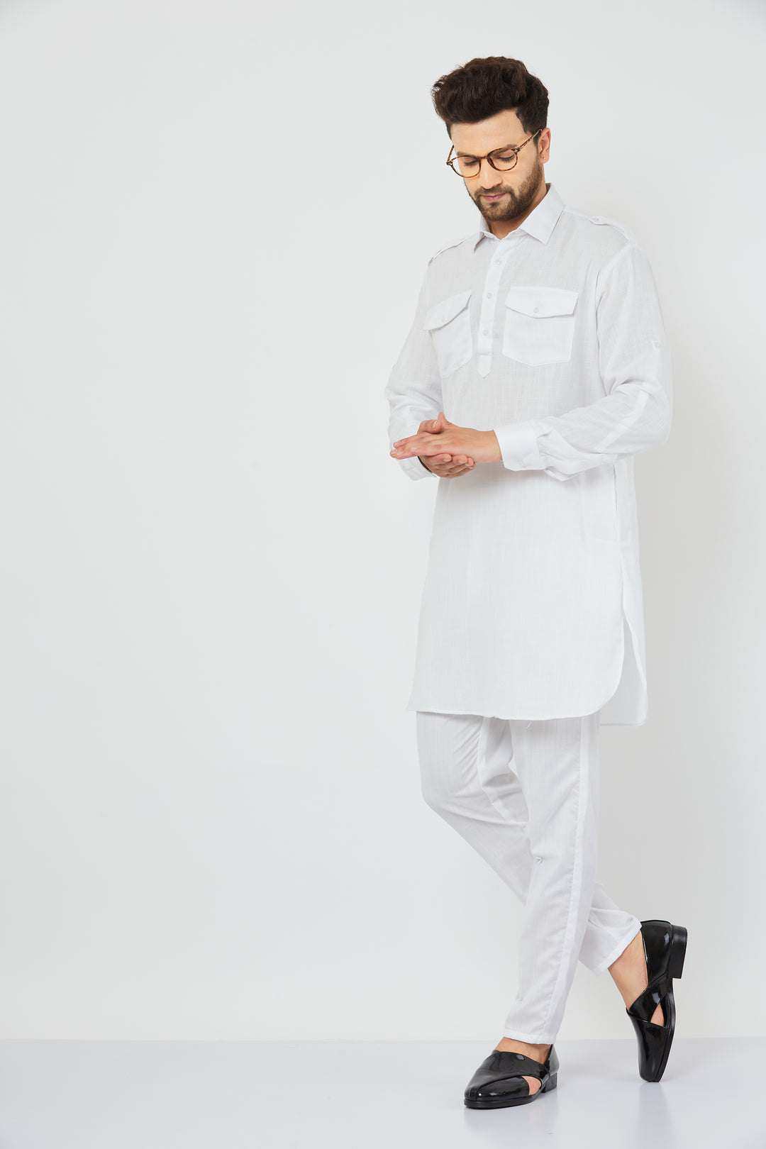 Men's White Solid Linen Pathani Kurta with Pant Set.