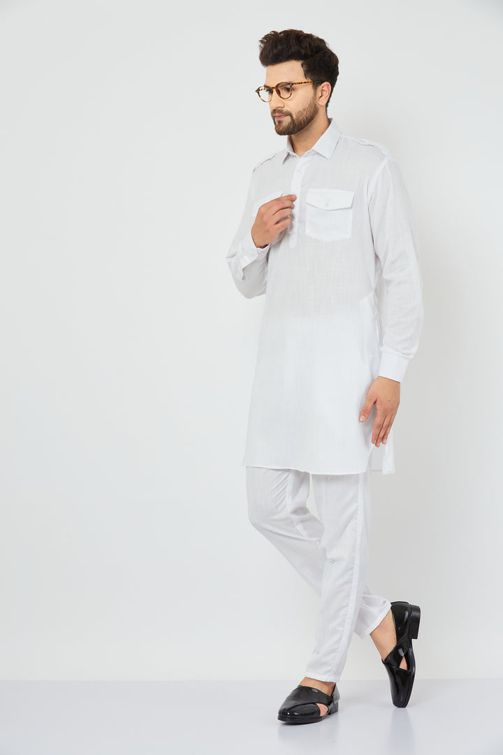 Men's White Solid Linen Pathani Kurta with Pant Set.