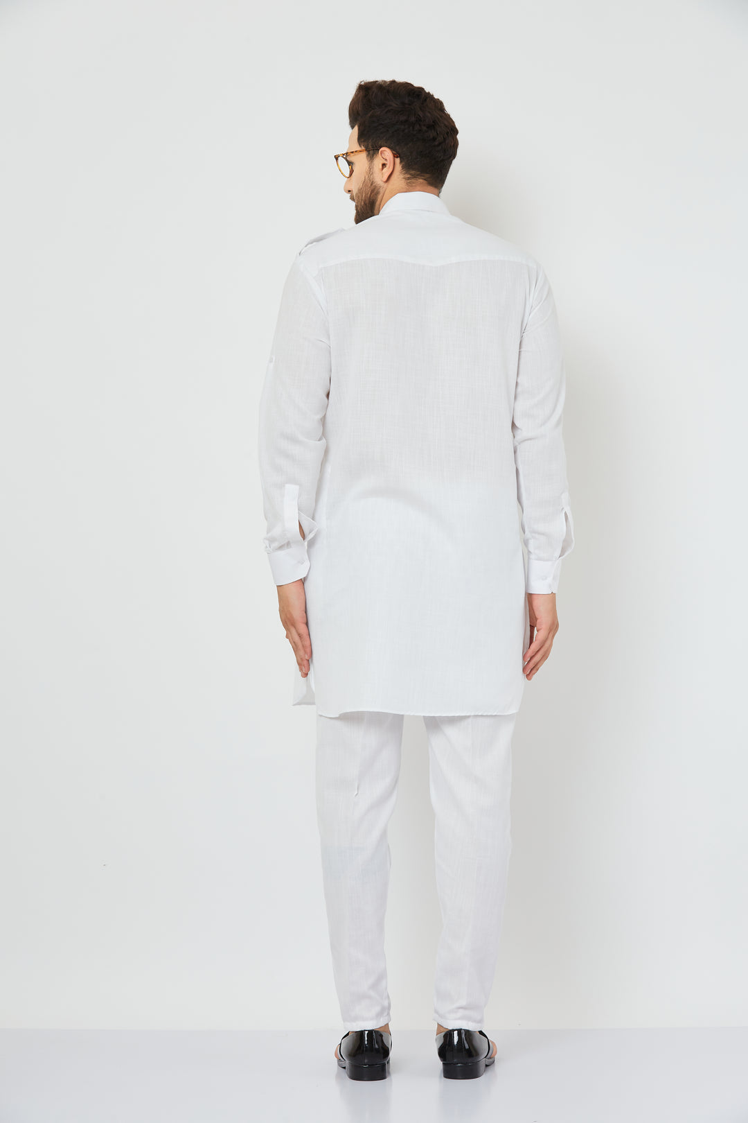 Men's White Solid Linen Pathani Kurta with Pant Set.