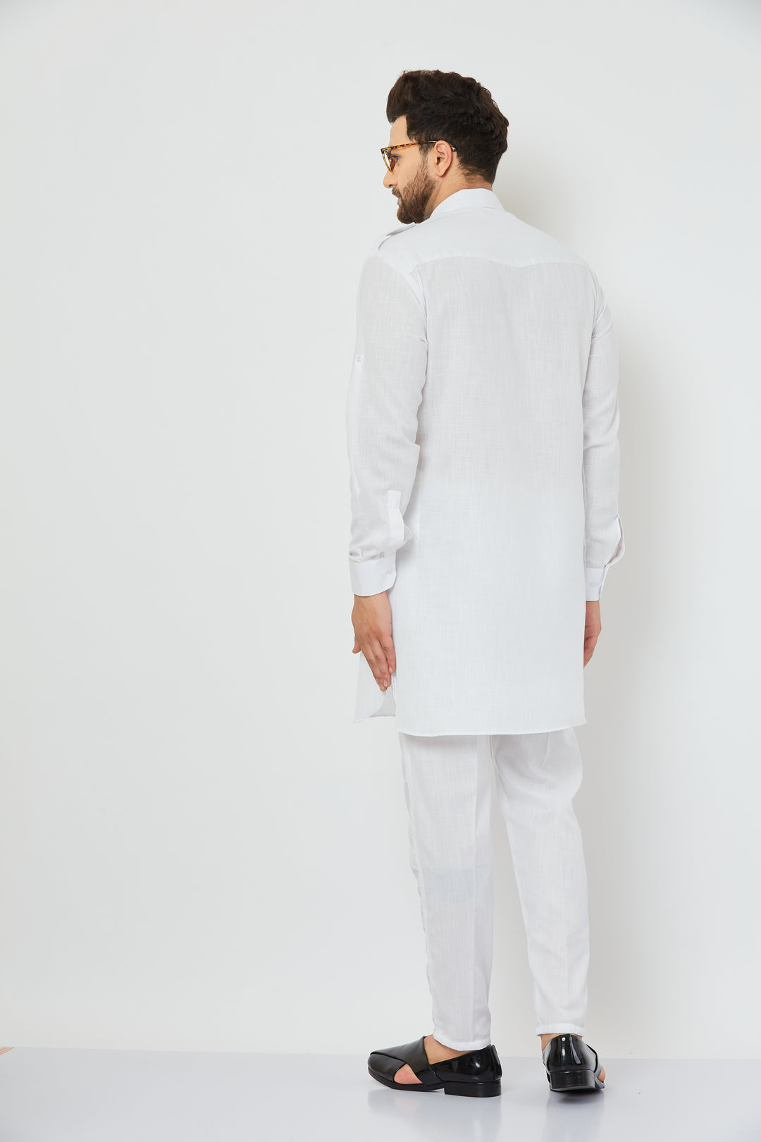 Men's White Solid Linen Pathani Kurta with Pant Set.