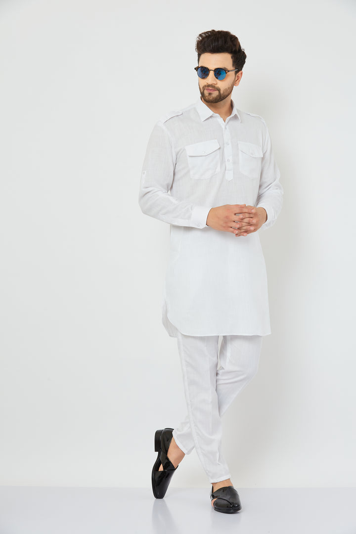 Men's White Solid Linen Pathani Kurta with Pant Set.