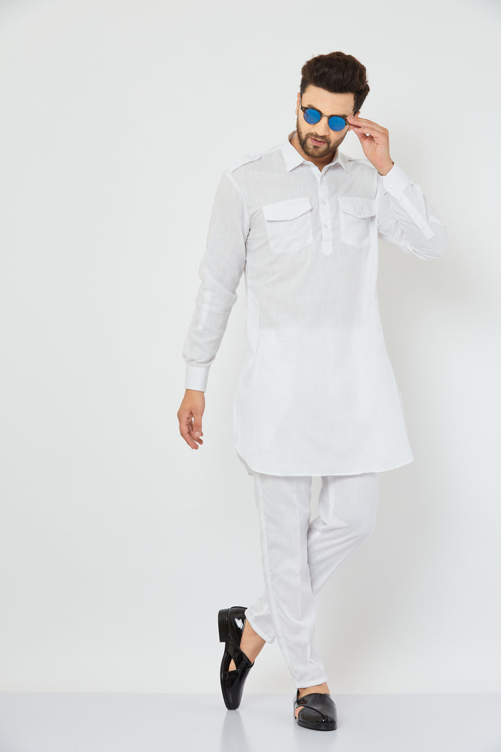 Men's White Solid Linen Pathani Kurta with Pant Set.