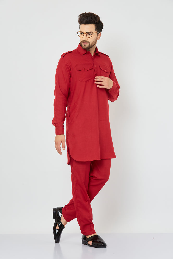 MEN MAROON COTTON SOLID PATHANI KURTA WITH PANT