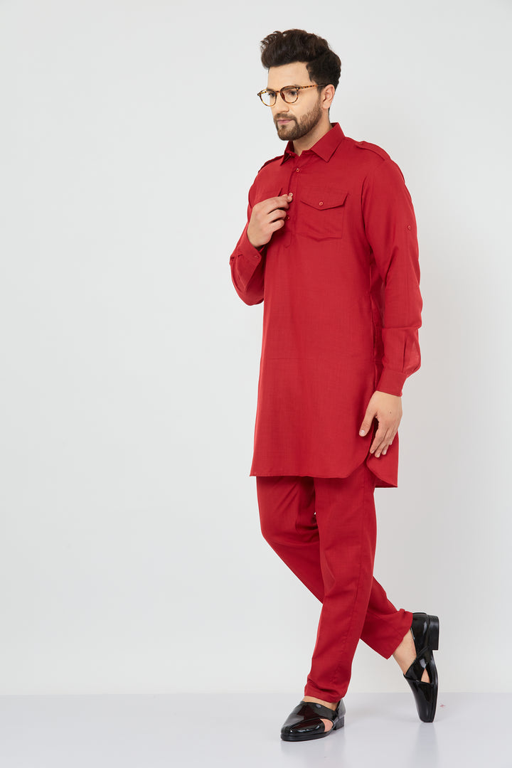 MEN MAROON COTTON SOLID PATHANI KURTA WITH PANT