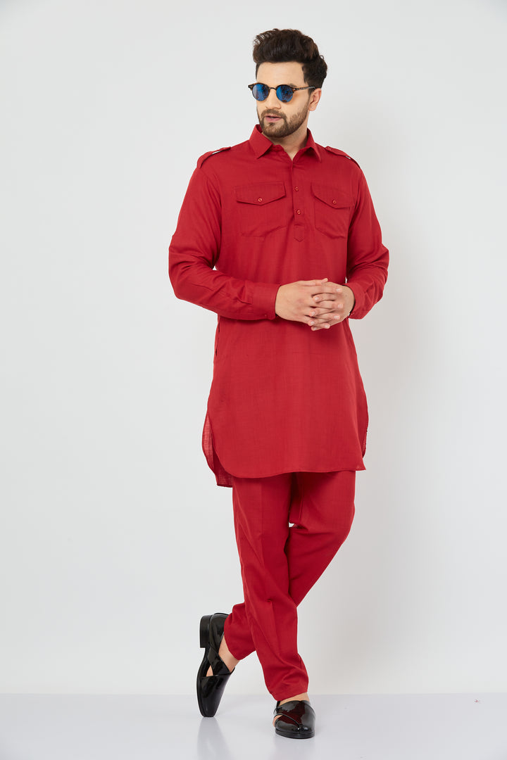 MEN MAROON COTTON SOLID PATHANI KURTA WITH PANT