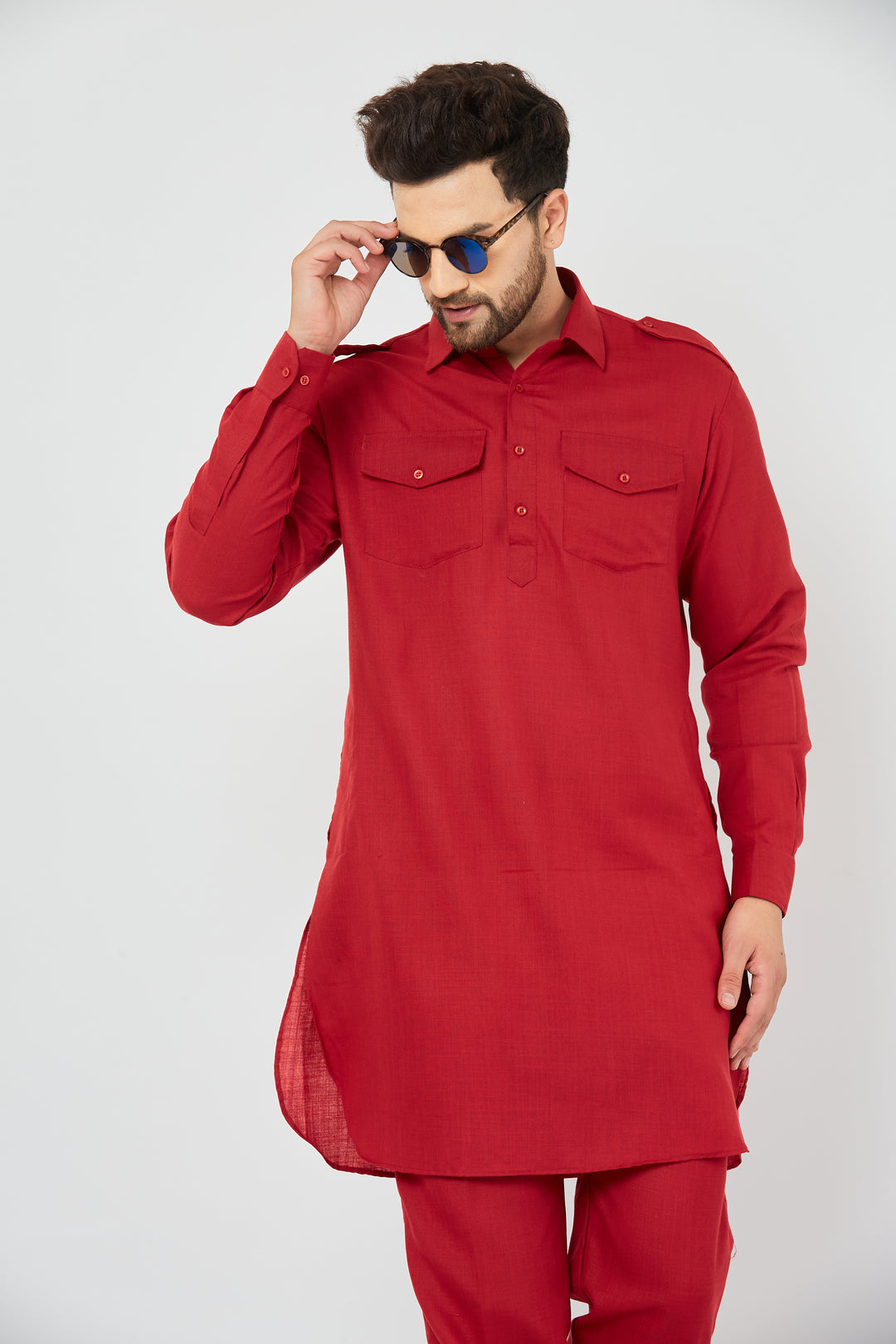 MEN MAROON COTTON SOLID PATHANI KURTA WITH PANT