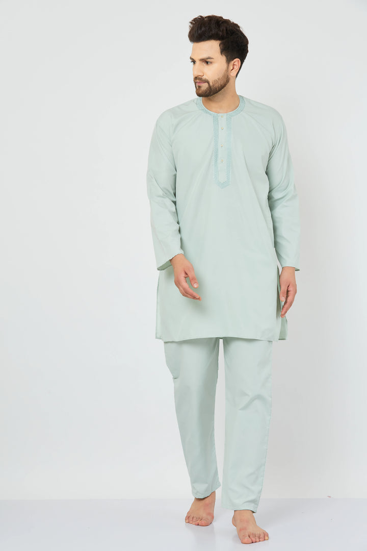 Serenade in Green Embroidered Cotton Nightwear Kurta Pajama Set for Men – Comfort and Style Intertwined