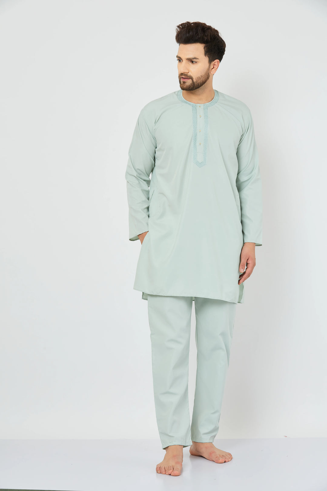 Serenade in Green Embroidered Cotton Nightwear Kurta Pajama Set for Men – Comfort and Style Intertwined