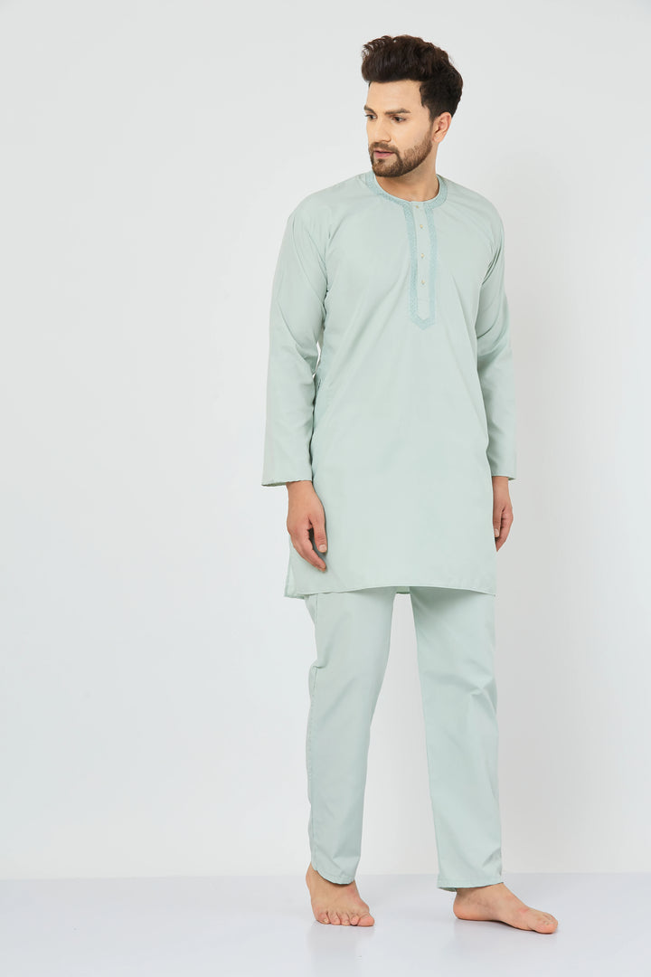 Serenade in Green Embroidered Cotton Nightwear Kurta Pajama Set for Men – Comfort and Style Intertwined