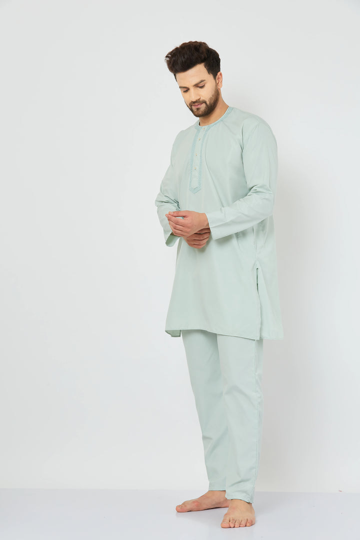 Serenade in Green Embroidered Cotton Nightwear Kurta Pajama Set for Men – Comfort and Style Intertwined