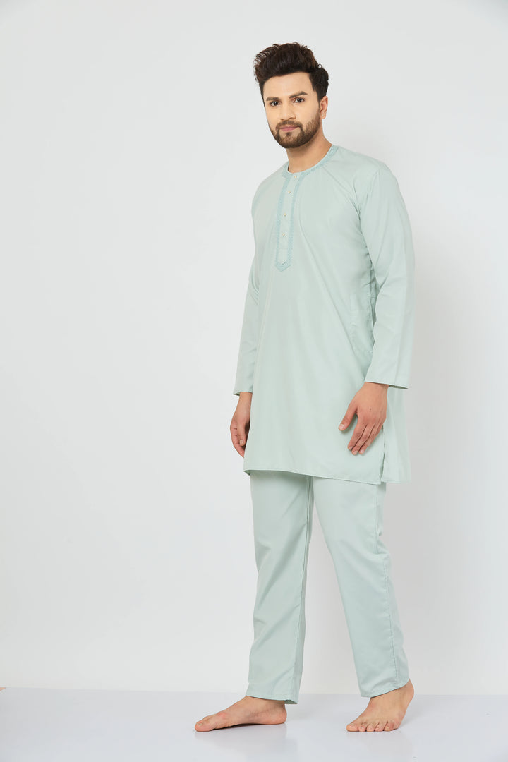 Serenade in Green Embroidered Cotton Nightwear Kurta Pajama Set for Men – Comfort and Style Intertwined