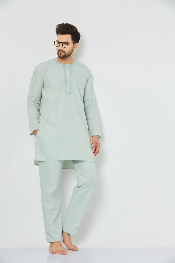 Serenade in Green Embroidered Cotton Nightwear Kurta Pajama Set for Men – Comfort and Style Intertwined