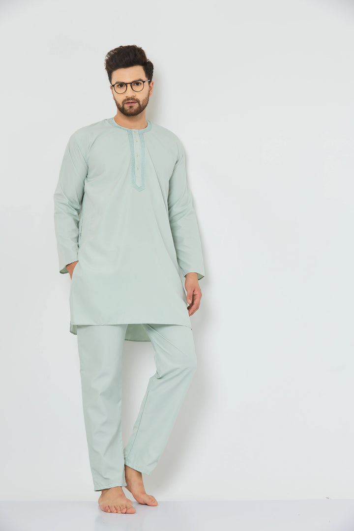 Serenade in Green Embroidered Cotton Nightwear Kurta Pajama Set for Men – Comfort and Style Intertwined