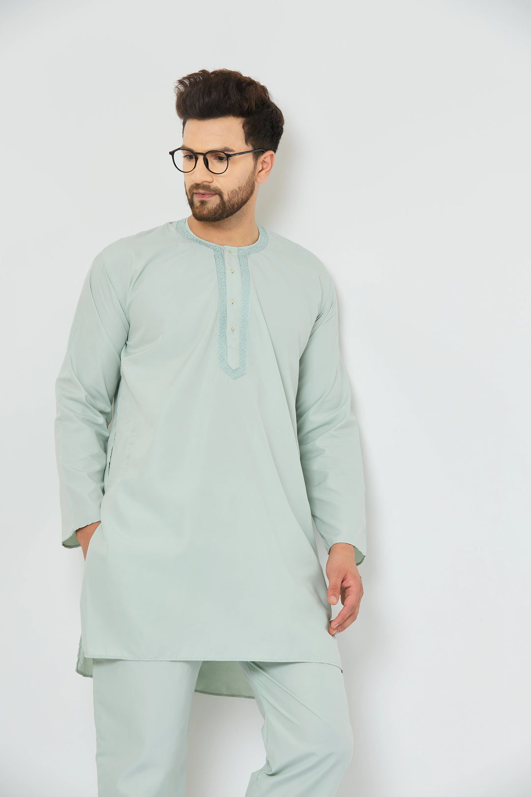 Serenade in Green Embroidered Cotton Nightwear Kurta Pajama Set for Men – Comfort and Style Intertwined