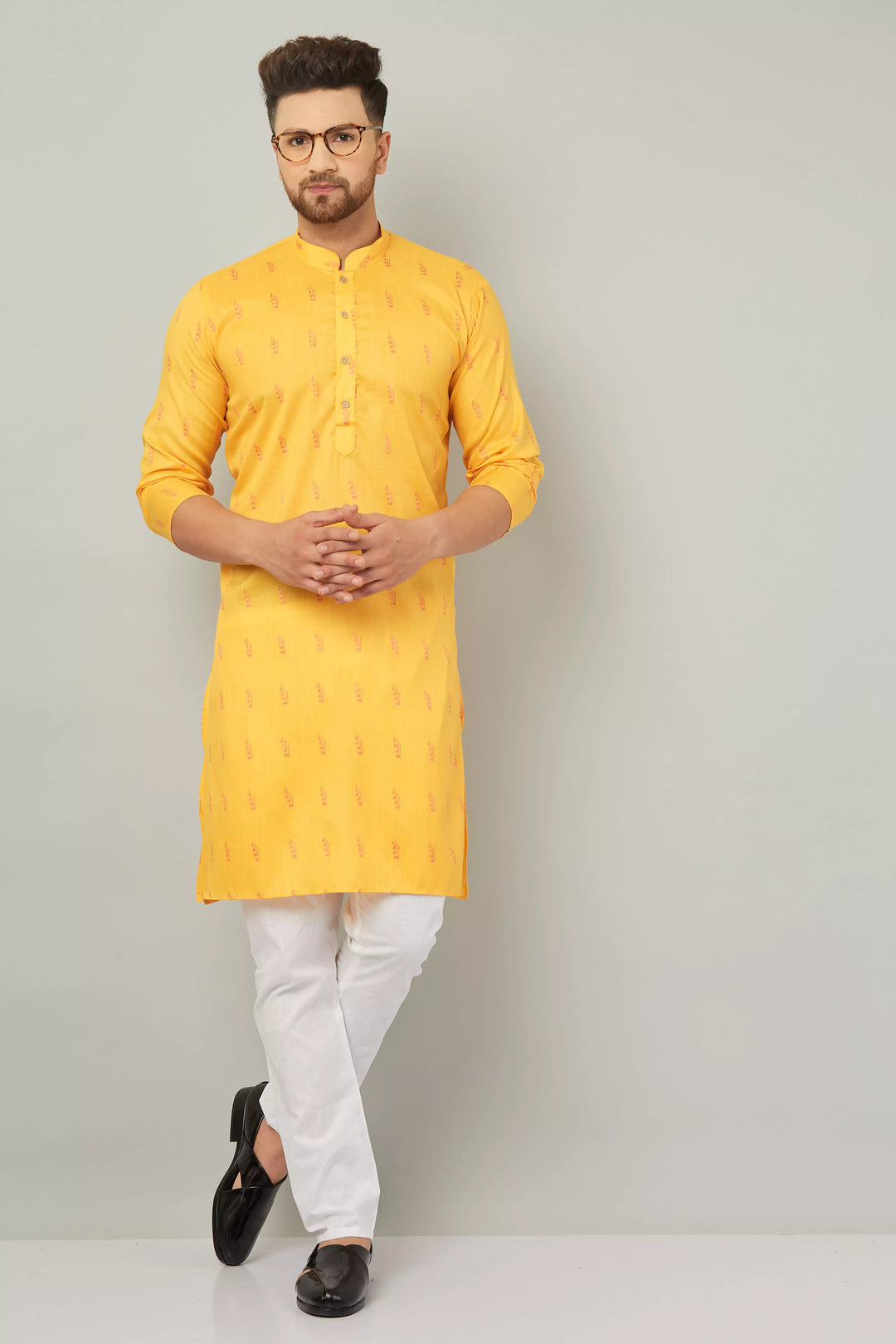 Men's Cotton Yellow Kurta Pajama Set.