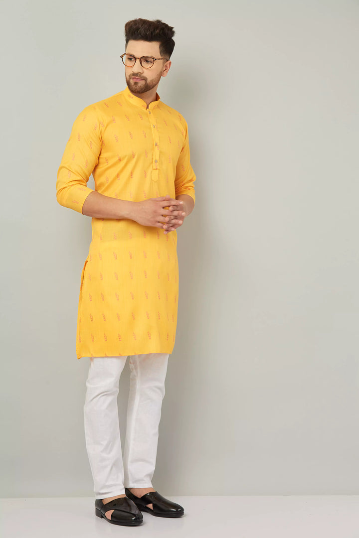 Men's Cotton Yellow Kurta Pajama Set.