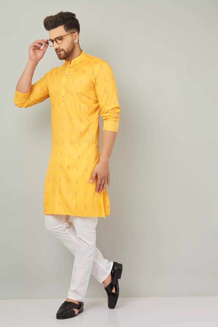 Men's Cotton Yellow Kurta Pajama Set.