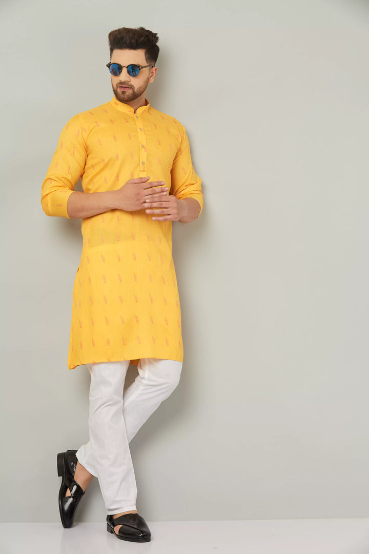 Men's Cotton Yellow Kurta Pajama Set.