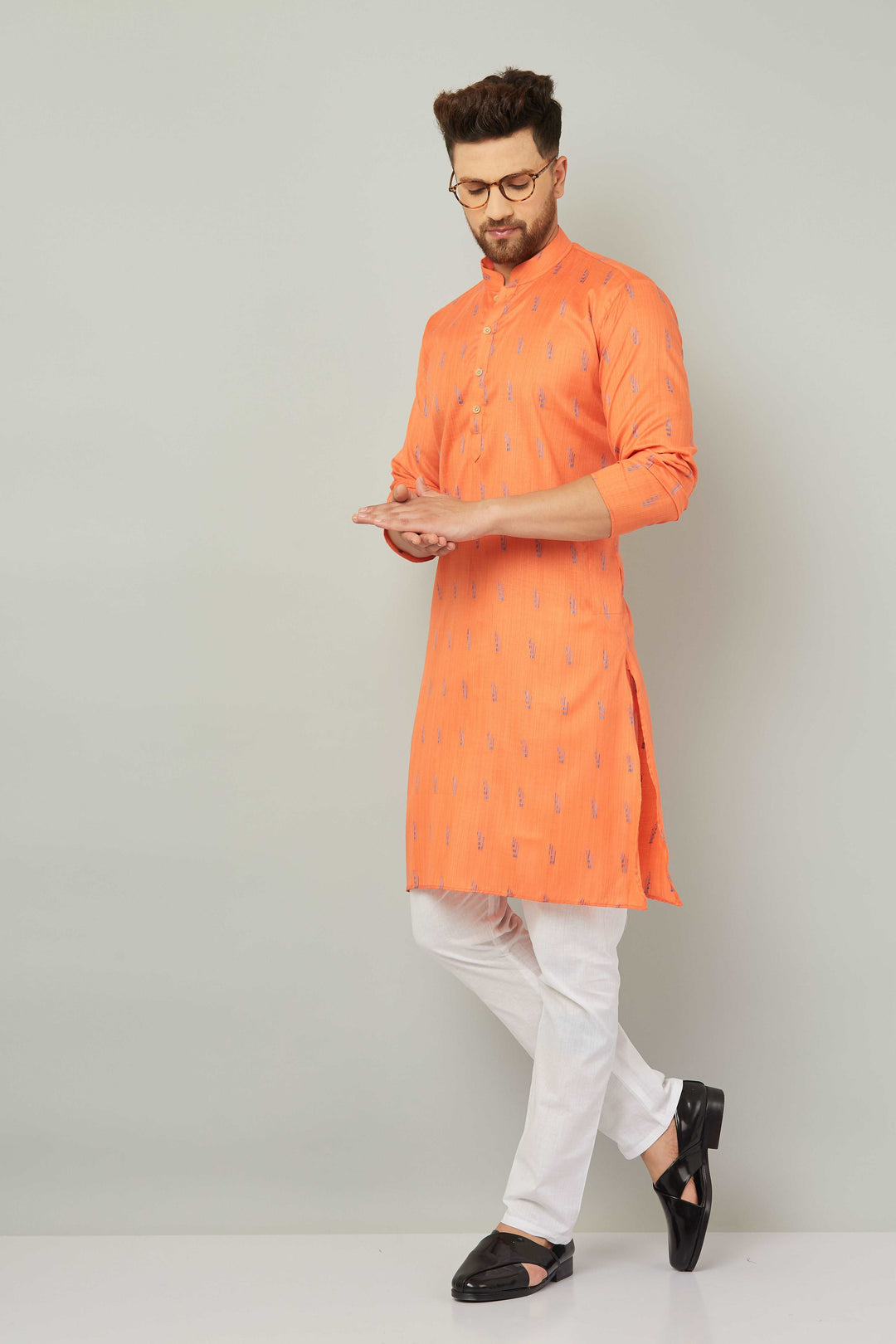 Men's Cotton Orange Kurta Pajama Set