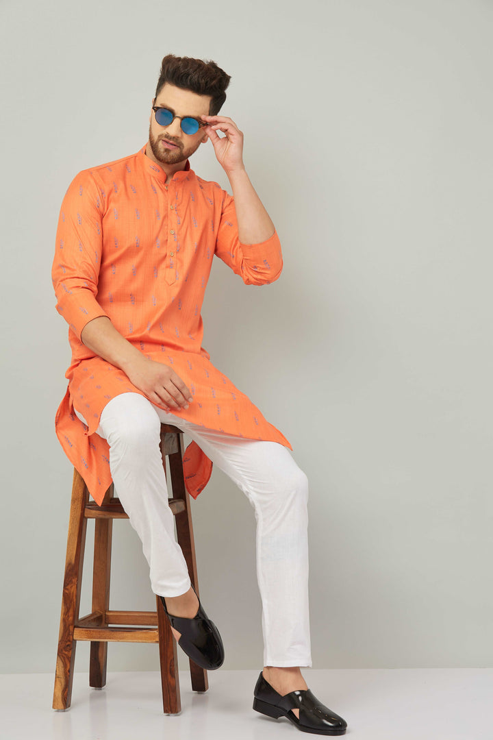 Men's Cotton Orange Kurta Pajama Set