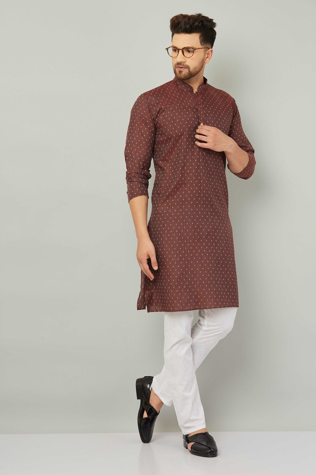 Men's Cotton Polka Dot Maroon Kurta Pajama Set